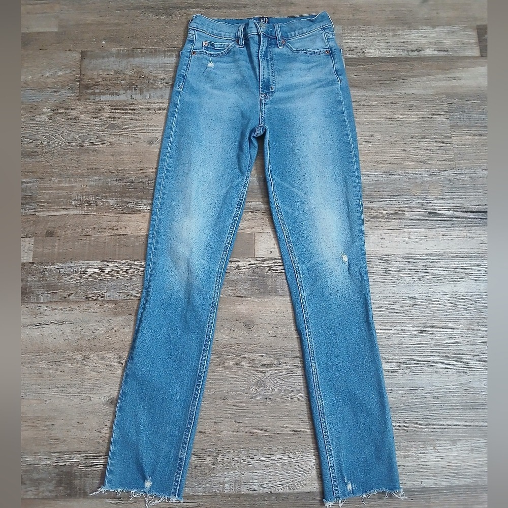 Gap Cigarette Jeans Womens 0/25 Tall Blue High Rise Raw Hem Distressed Slim Leg - Picture 2 of 7